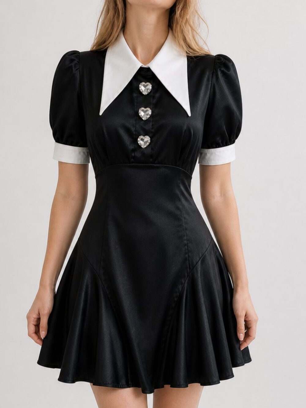 Black Satin Mini Dress Crystal Heart Buttons Dark Academia Whimsigoth 38
